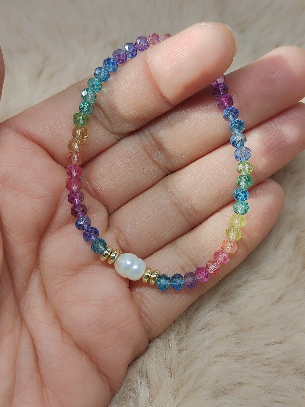Freshwater Pearl & Rainbow Crystal Bead Stretch Bracelet